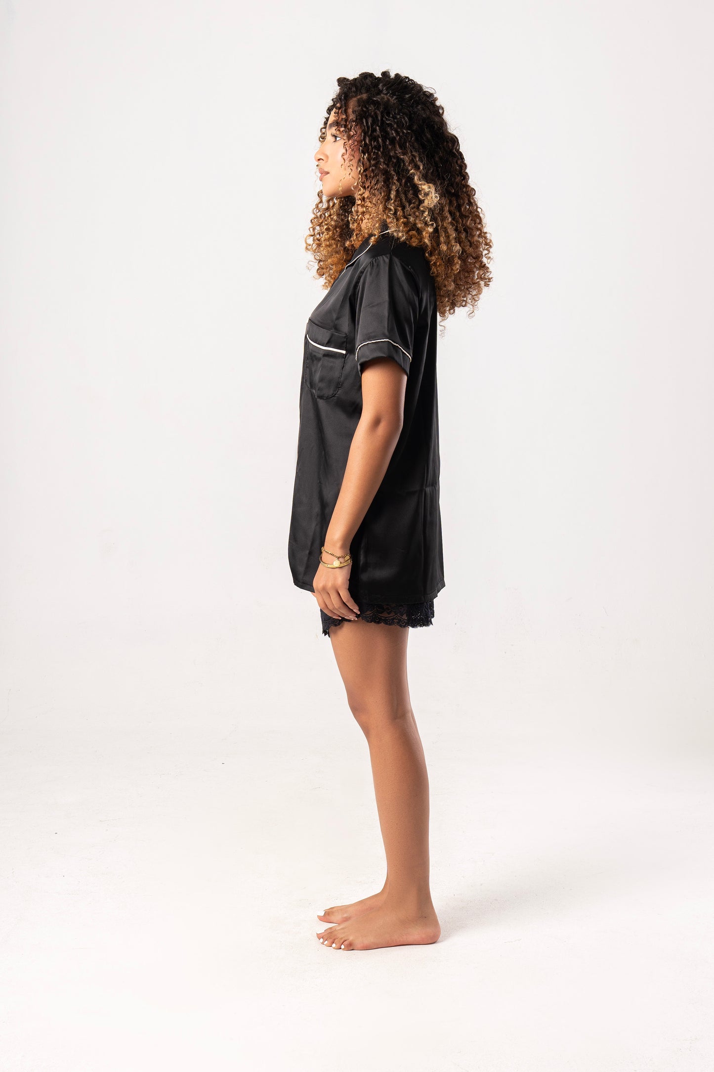 Black Satin Lace Pajama Set